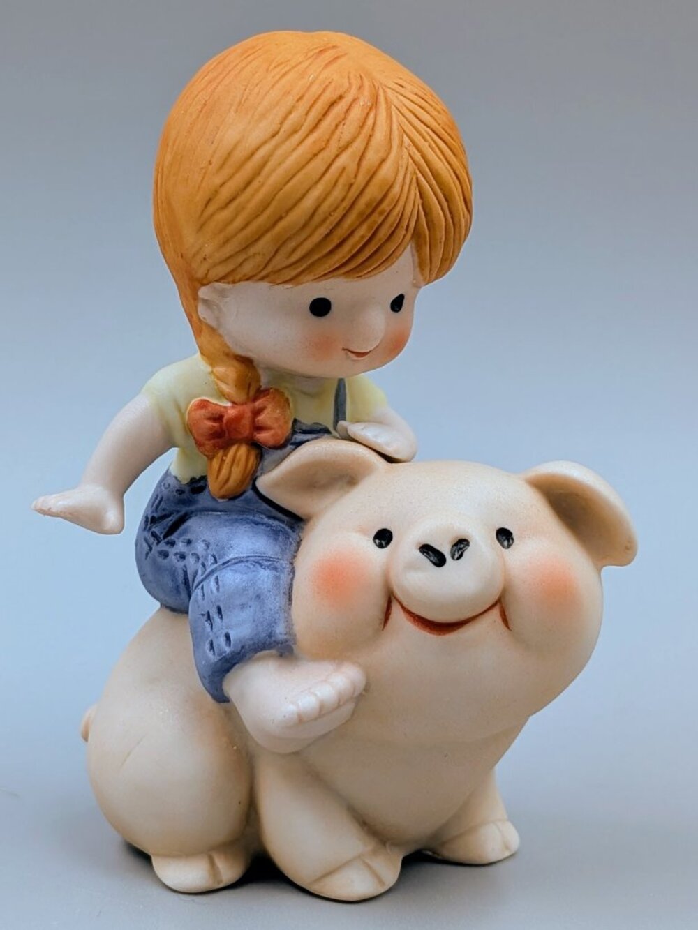 Vintage 1981 Enesco Figurine - Little Girl Riding a Pig - Retro Farmhouse Decor